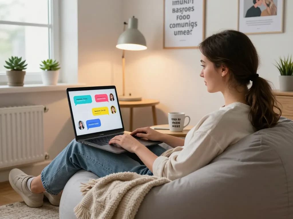 Engaging spicychat conversation in a cozy home office setting with colorful chat bubbles.