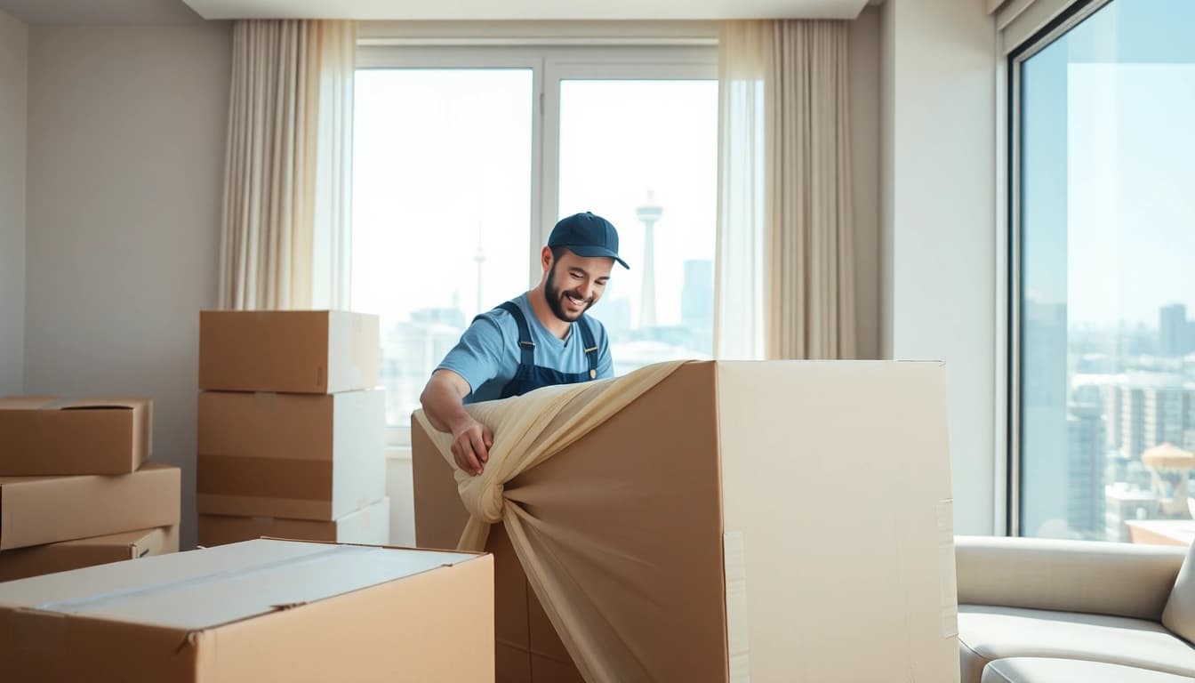 Toronto moving company professionals packing and loading furniture in a sunny environment.