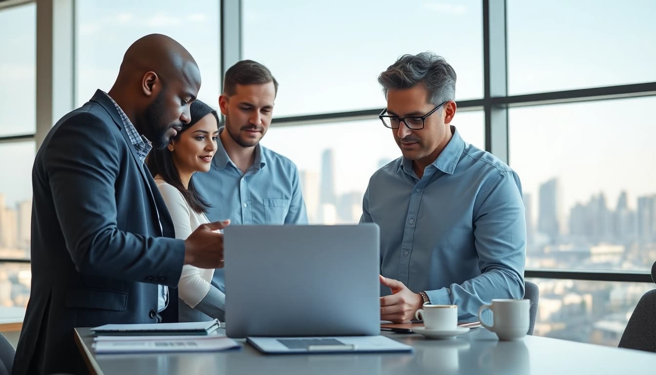 Crisis management consultant collaborating with a diverse team in a modern office.