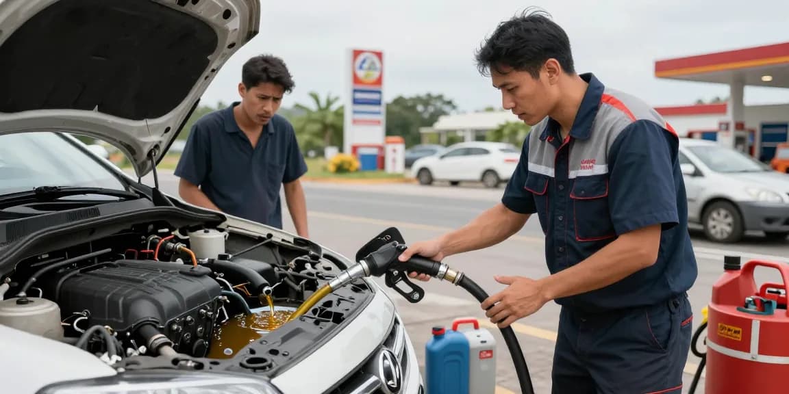 Technician performing fuel drainage for contamination in fuel tank at a roadside fuel station, demonstrating professional service.