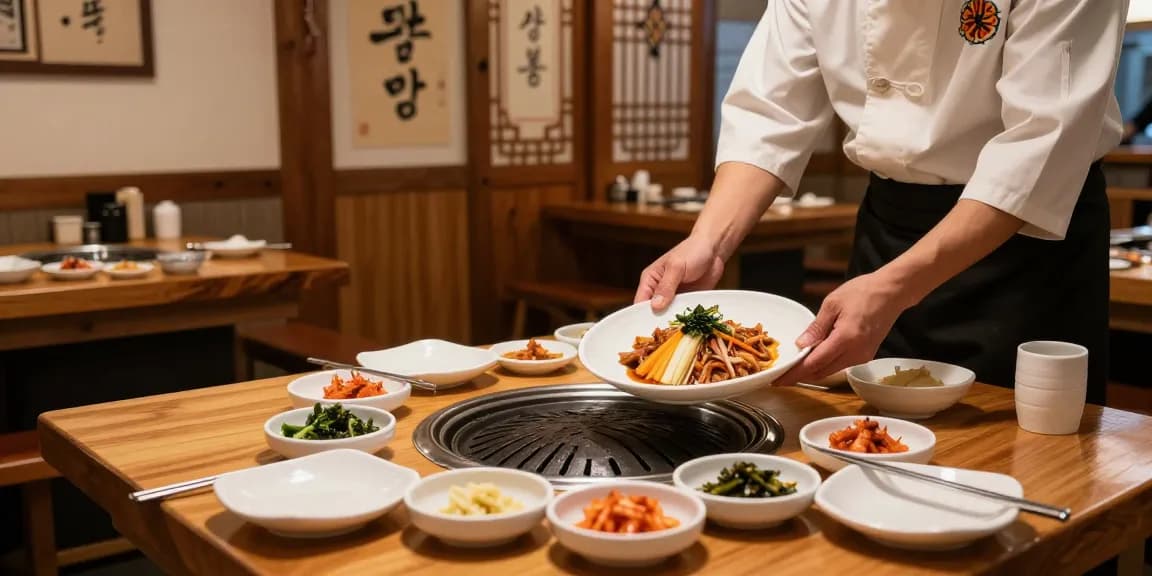 상봉동 한국관 featuring a chef serving traditional Korean barbecue in a cozy, beautifully decorated restaurant setting.