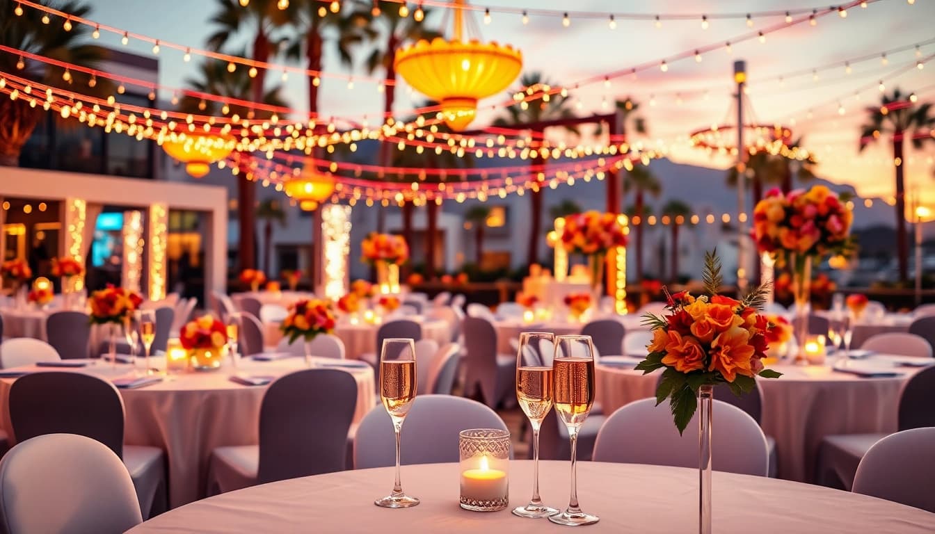 Charming outdoor setup for Event Rentals Las Vegas featuring elegant tables and festive decorations.