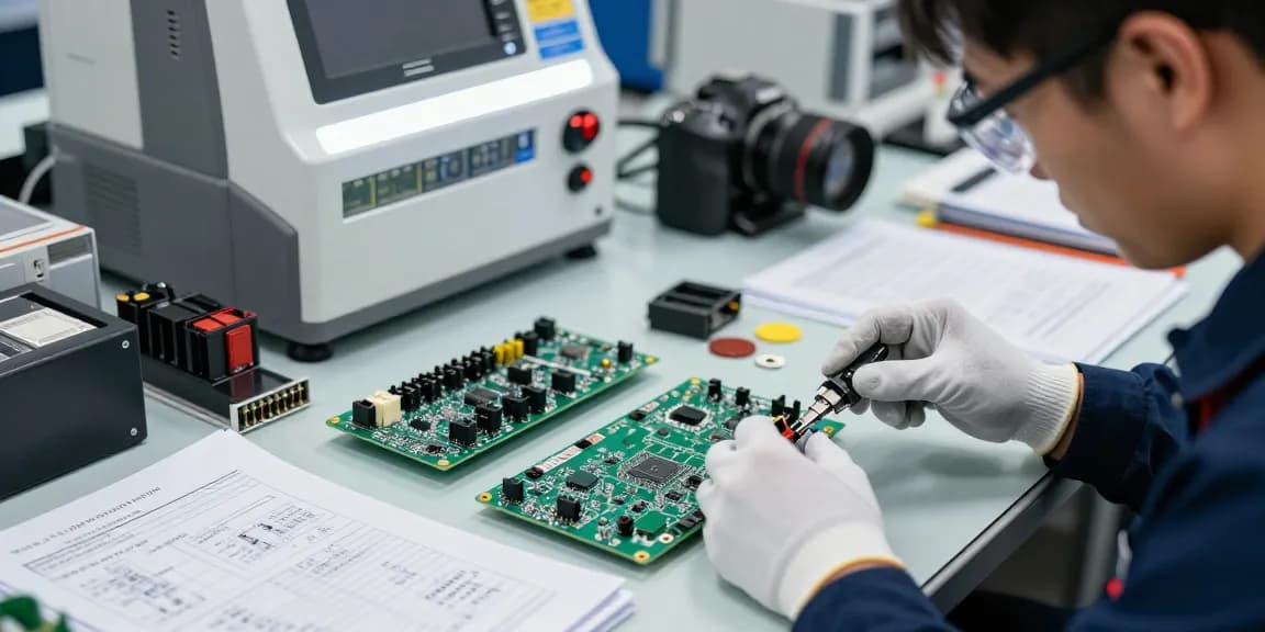 Engineers assembling crimp connectors in a high-tech electronics manufacturing facility, showcasing precision and reliability.