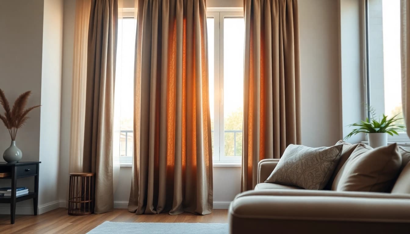 Bekijk verduisterende gordijnen afgebeeld in een warme en stijlvolle woonkamer setting.