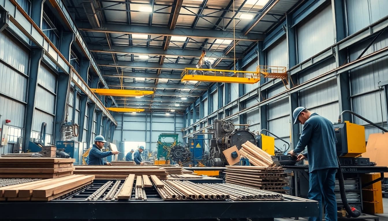 Workers expertly fabricating steel in a busy steel fabrication shop environment.