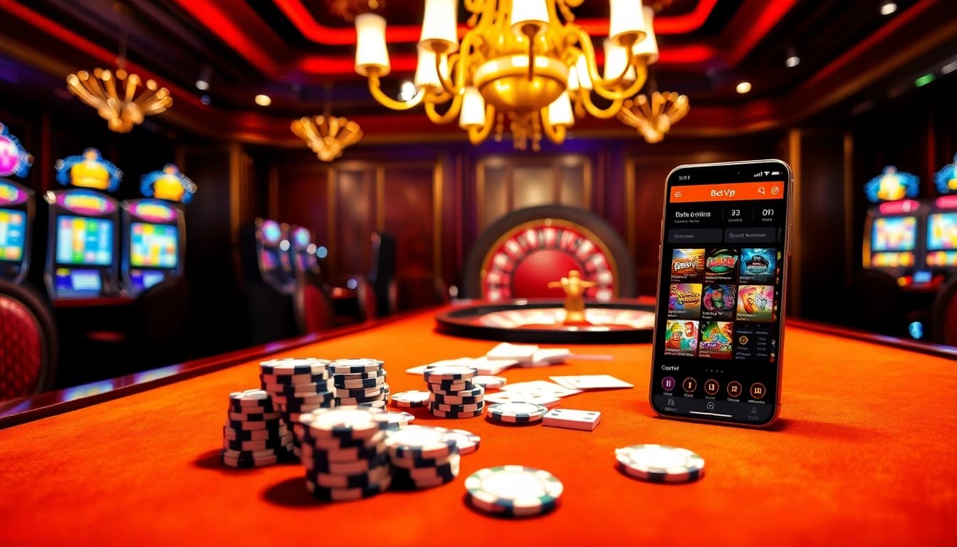 Trải nghiệm lối chơi đầy kịch tính trên ứng dụng Bet VIP tại bàn poker sang trọng, được bao quanh bởi những yếu tố casino sống động.