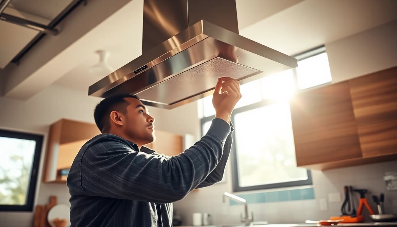 Expert technician performing exhaust hood installation in a modern kitchen setting.