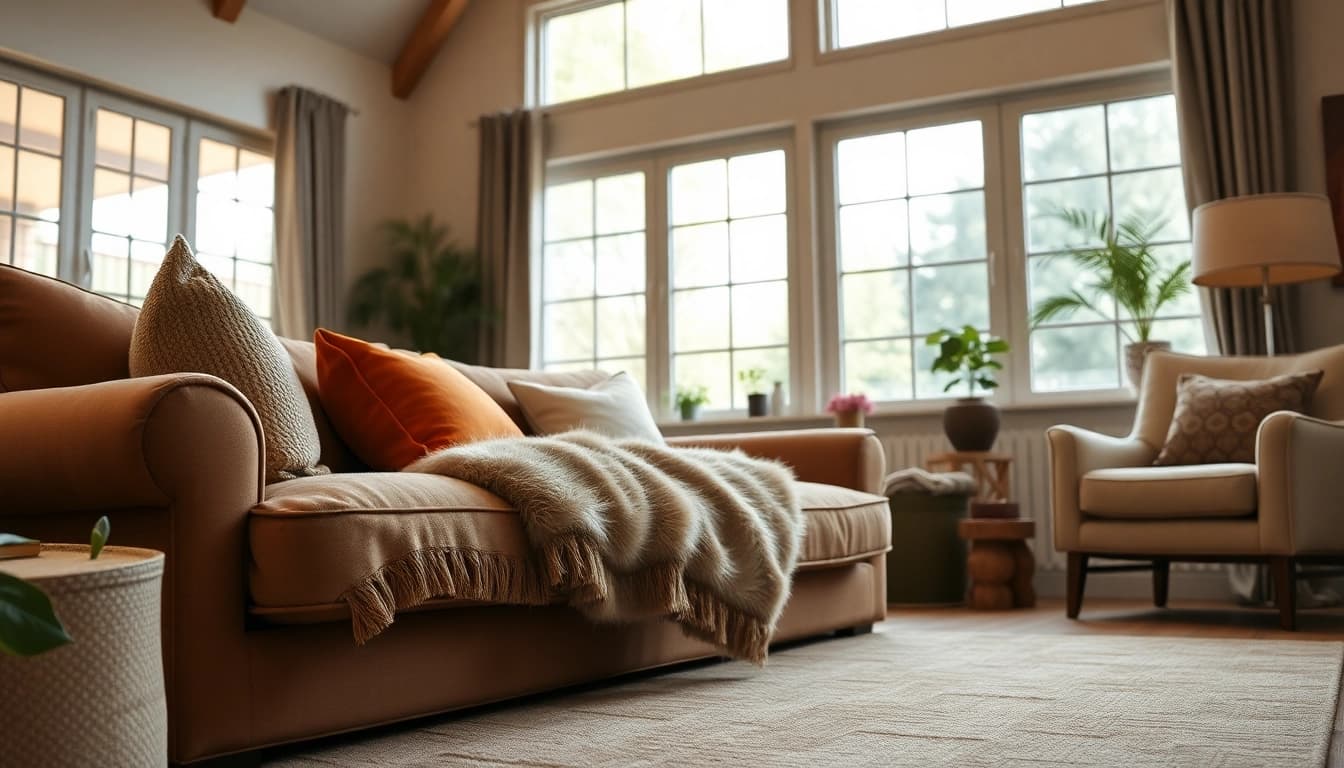 Geniet van warme en stijlvolle stoffen met een mooi ingerichte woonkamer vol texturen.