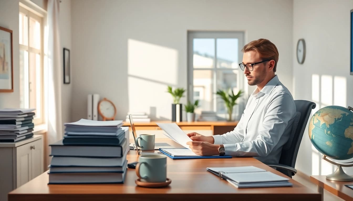 Scène professionnelle d'un traducteur assermenté italien traduisant des documents dans un bureau lumineux.