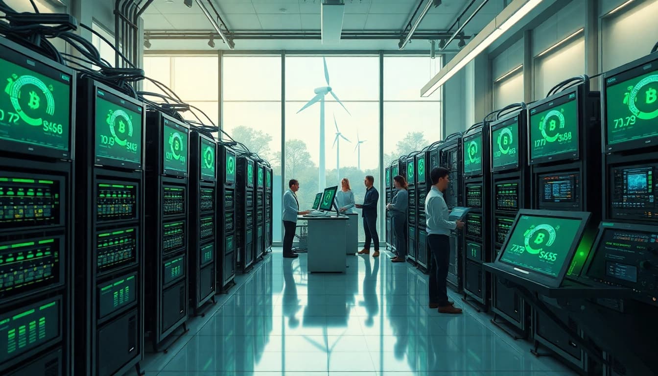 Modern renewable energy-powered cryptocurrency mining facility showcasing free crypto mining.