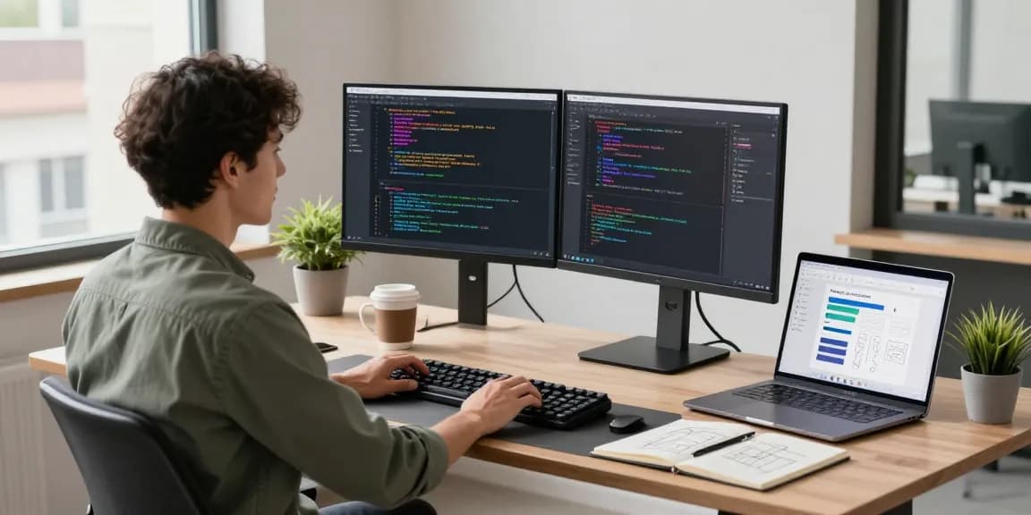 Effective software development environment with a developer using 纸飞机中文版 on dual monitors and a laptop.