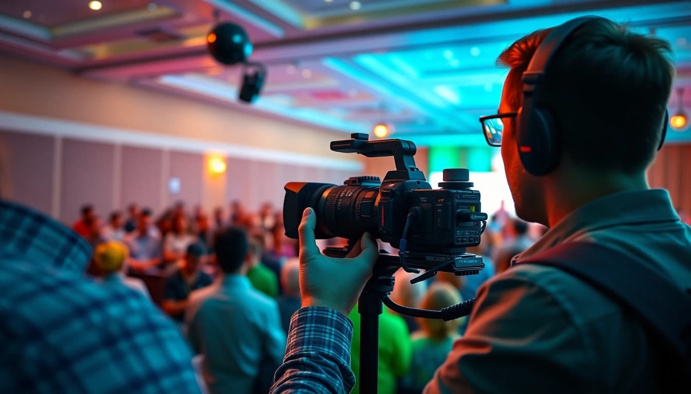 Capture event videography at a lively conference with enthusiastic attendees and a professional videographer.