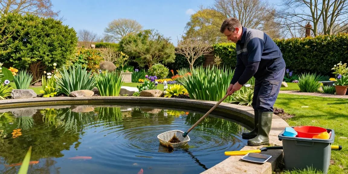 Pond Cleaning Kent service in action, technician removing algae and debris from a serene garden pond, lush greenery and clear water enhancing the tranquil atmosphere.