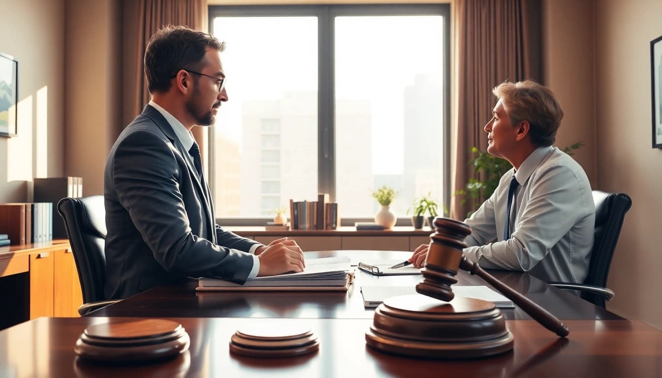 Eminent domain lawyer consulting with a client in a professional office.