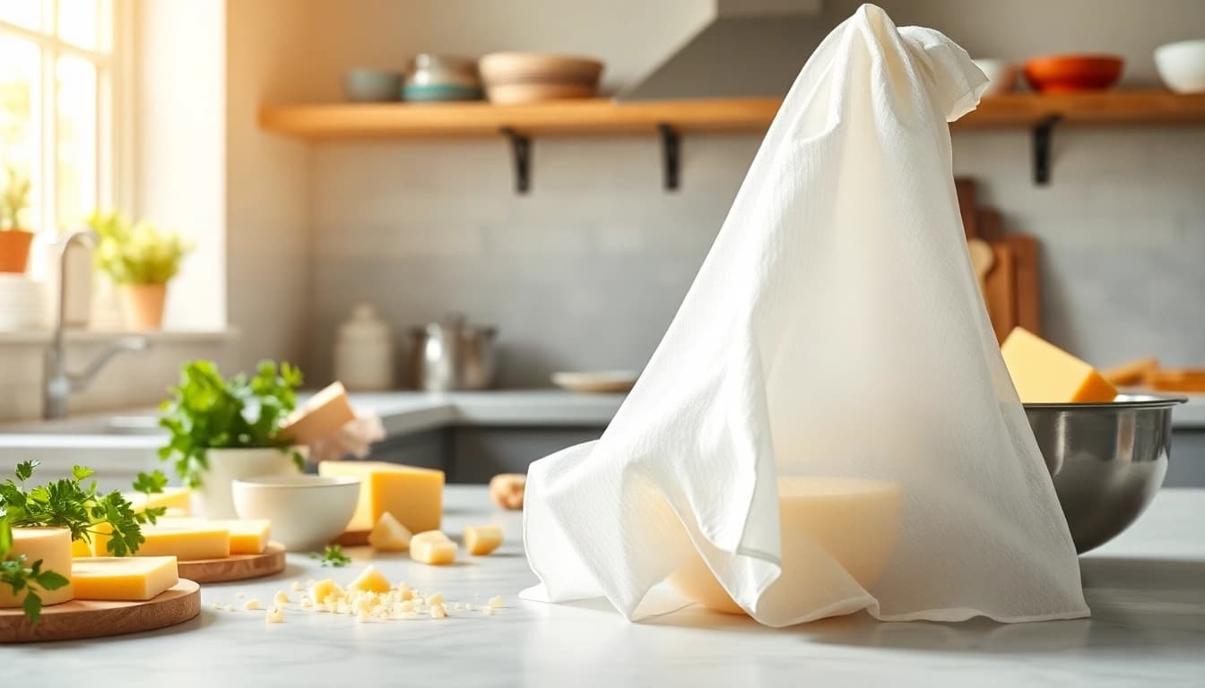 Kaasdoek in gebruik voor het uitlekken van kaas en vloeistoffen in een professionele keuken.