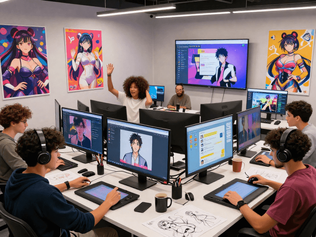 Creative team using hentai ai chat in a vibrant digital art studio