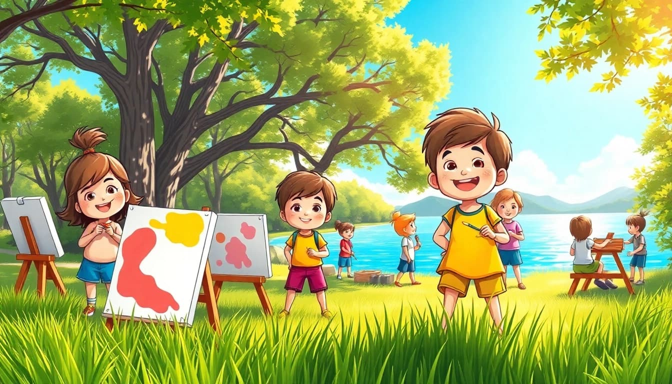 Children having fun at a summer childrens camp with creative activities and nature surrounding them.