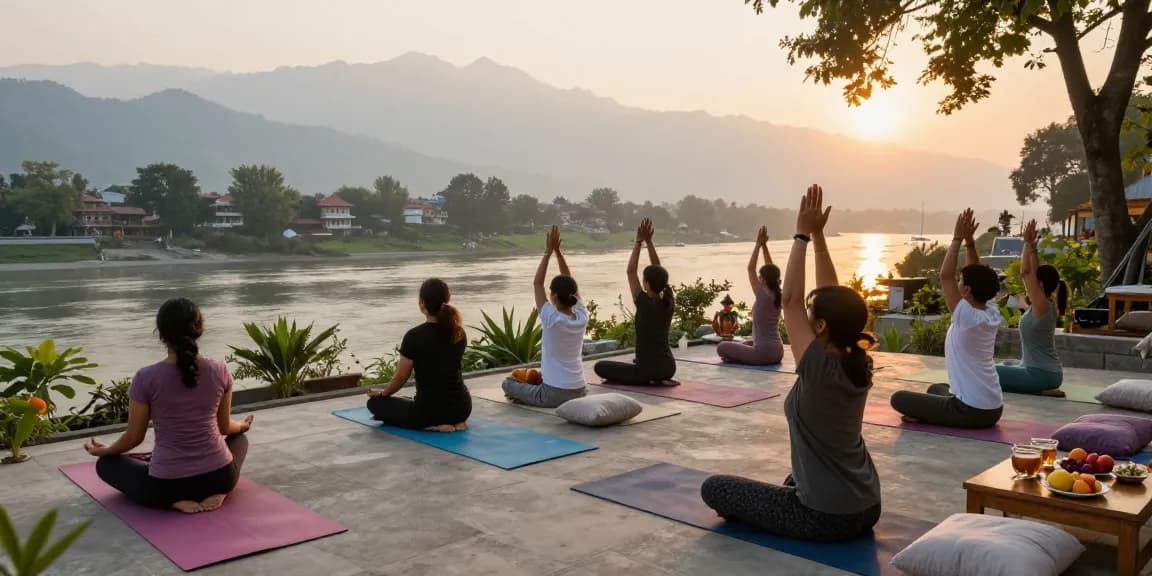 Group practicing yoga on a riverside deck during Yoga teacher training in Rishikesh India, surrounded by the Ganges and Himalayas.