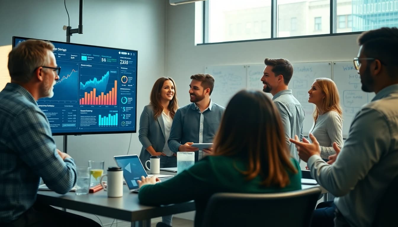 A vibrant digital marketing company team collaborating on strategies in a modern office