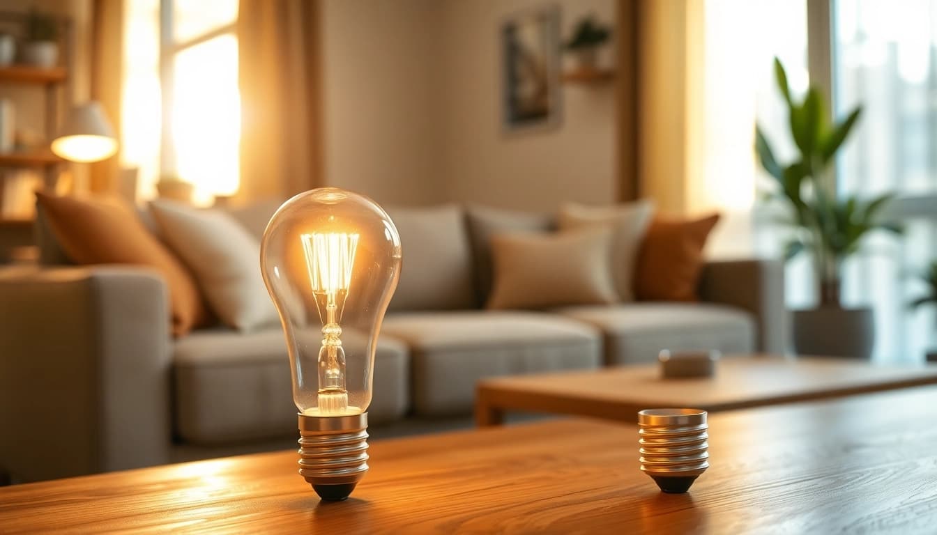 Verlicht je ruimte met een led lamp die sfeervol op een houten tafel straalt.