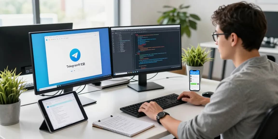Developer using 纸飞机中文版 interface on dual monitors in a bright office.