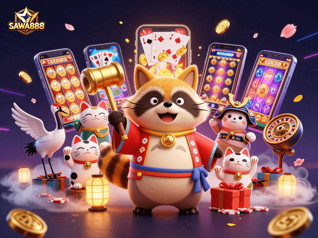 Experience excitement with SAWA888's colorful slot games and cheerful characters in a vibrant casino scene.