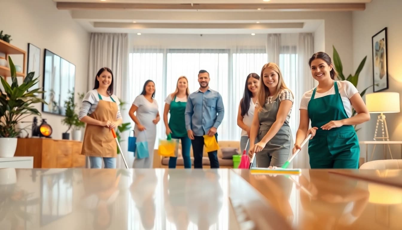 Cleaning Service team engaged in meticulous cleaning tasks in a bright, modern home environment.