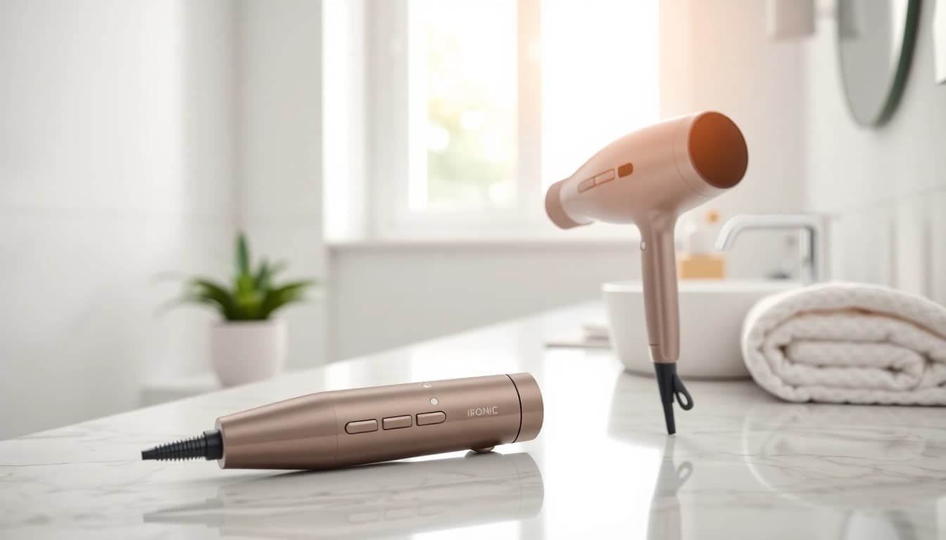 Ionic blow dryer with sleek design on a marble countertop in a bright bathroom setting.