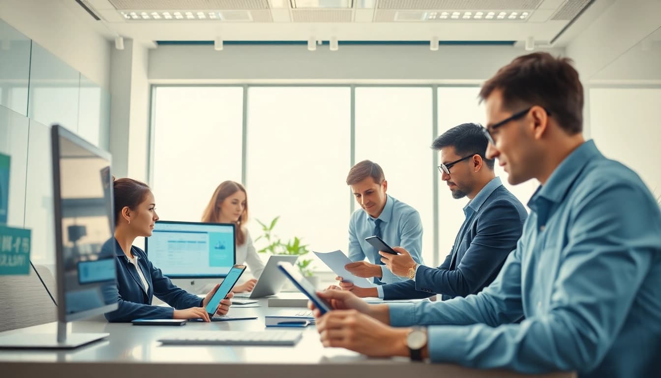 WPS下载 showcased in a modern office environment with users collaborating on documents.
