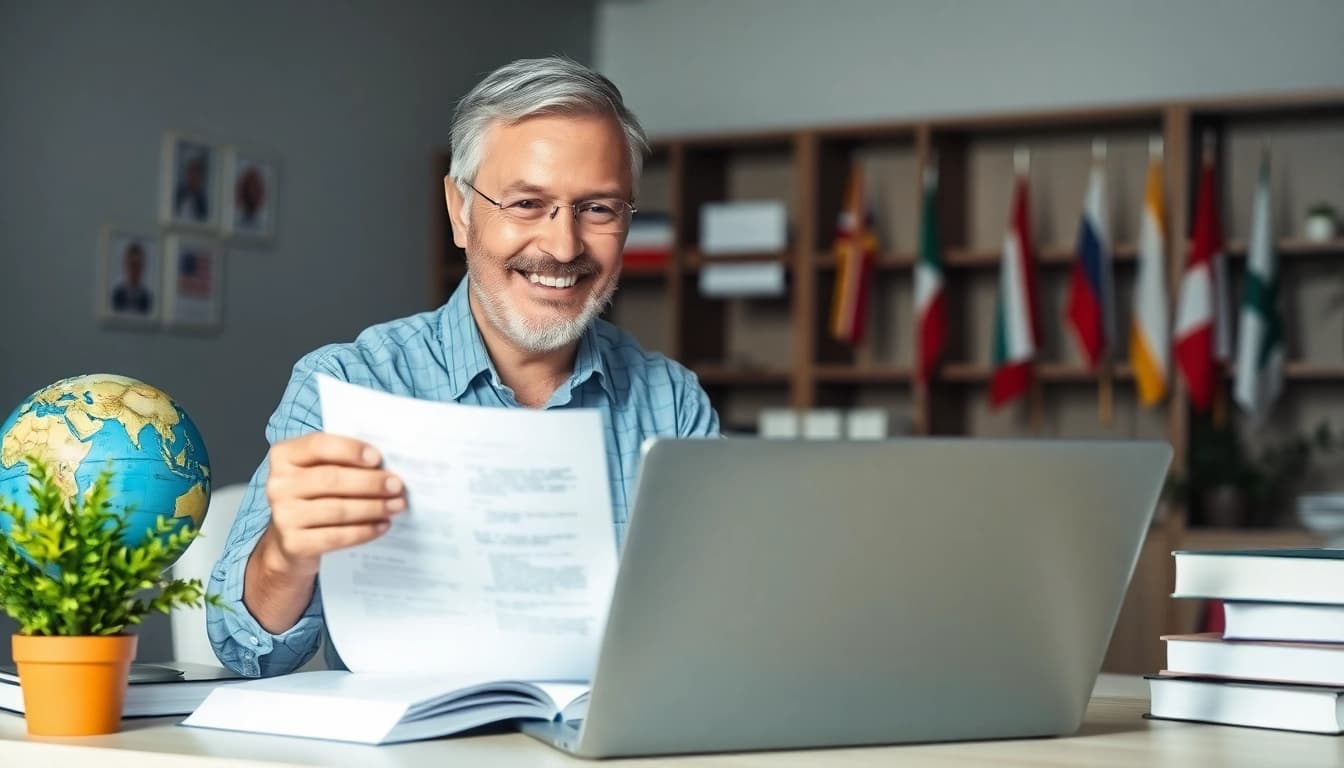 Professional scene of a certified translator working on tradução juramentada, emphasizing expertise and trust.