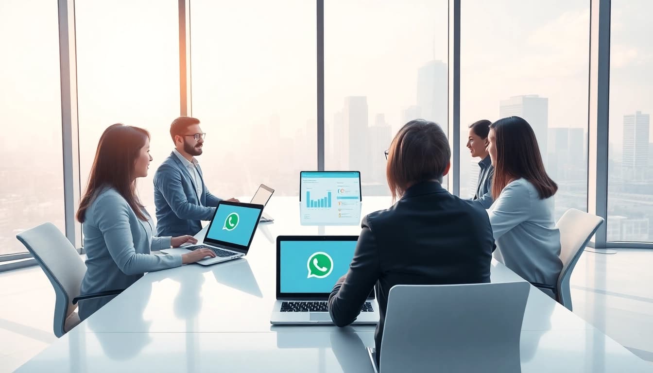 Team brainstorming about whatsapp business api in a bright, modern office setting.