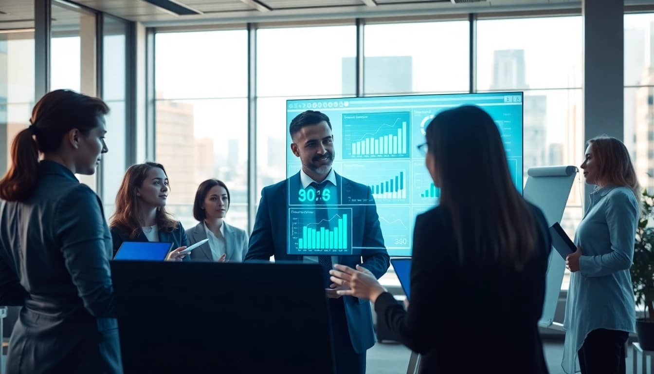 Team analyzing data on AI for competitive intelligence in a modern office setting