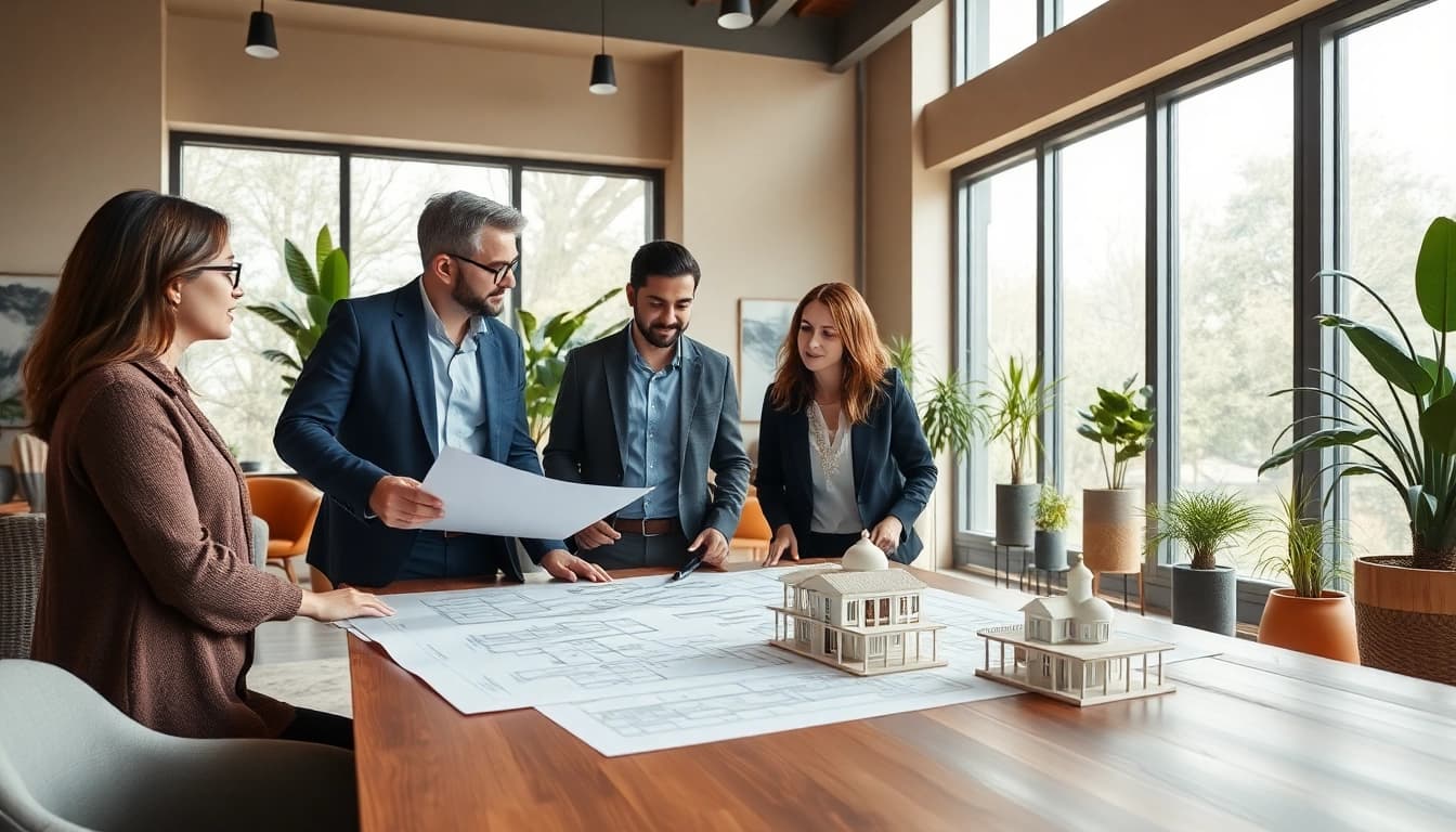 Start a residential architecture project with architects in a bright office discussing designs.