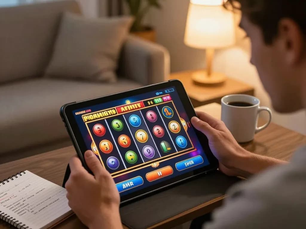 Player enjoying slot gacor min depo 10k on tablet in a cozy home gaming atmosphere with strategies.