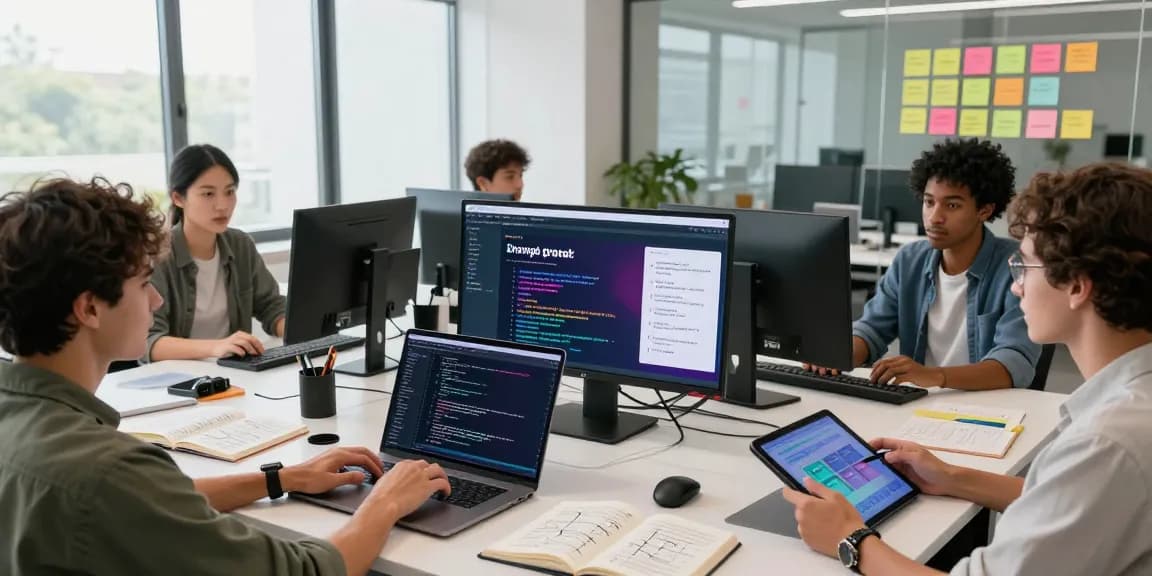 AI prompt image showcasing a diverse team in a vibrant modern workspace, developing an image to prompt generator application.
