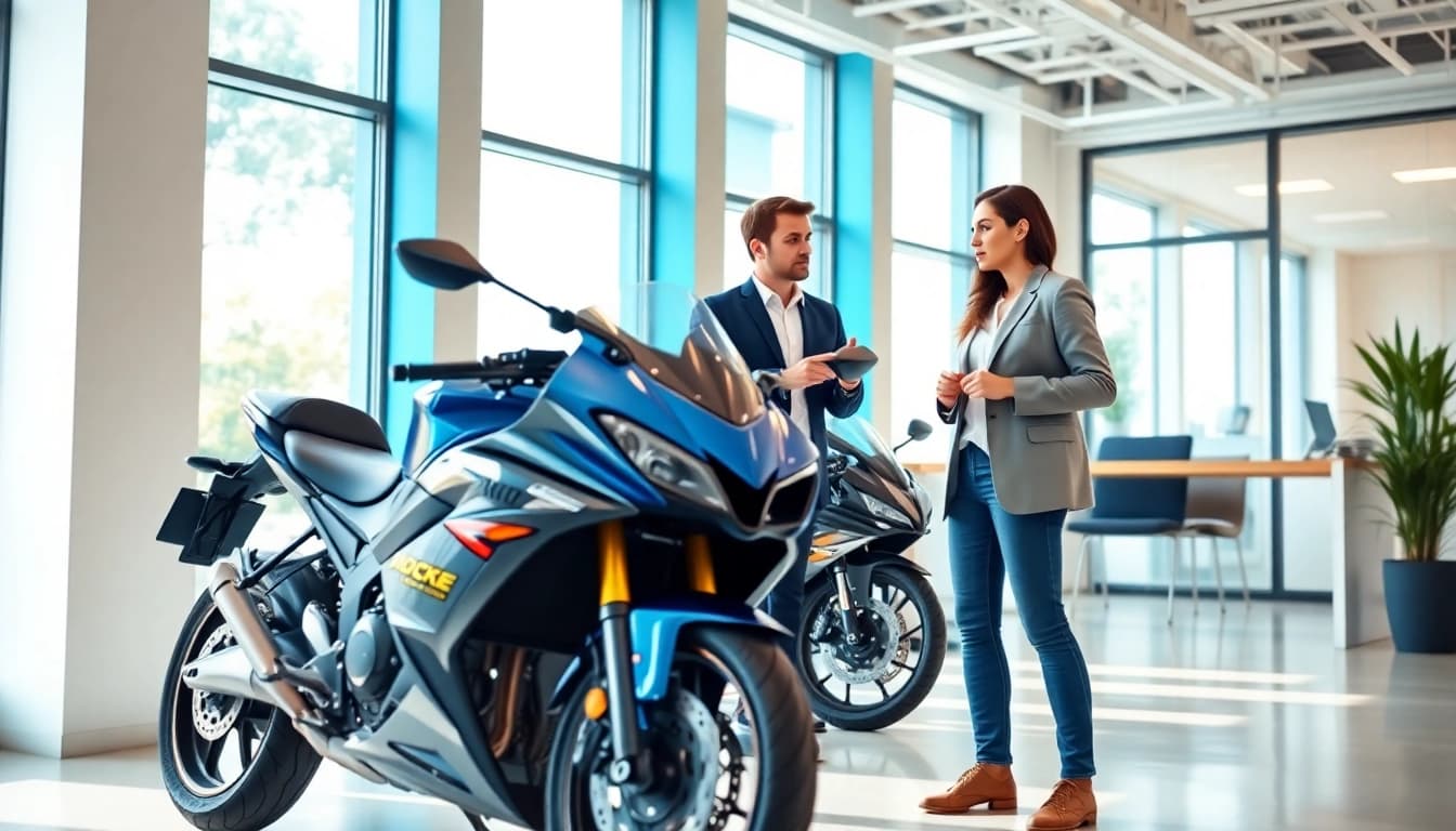 Motorrad leasing Beratung mit einem modernen Motorrad in einem hellen Büro arrangiert.
