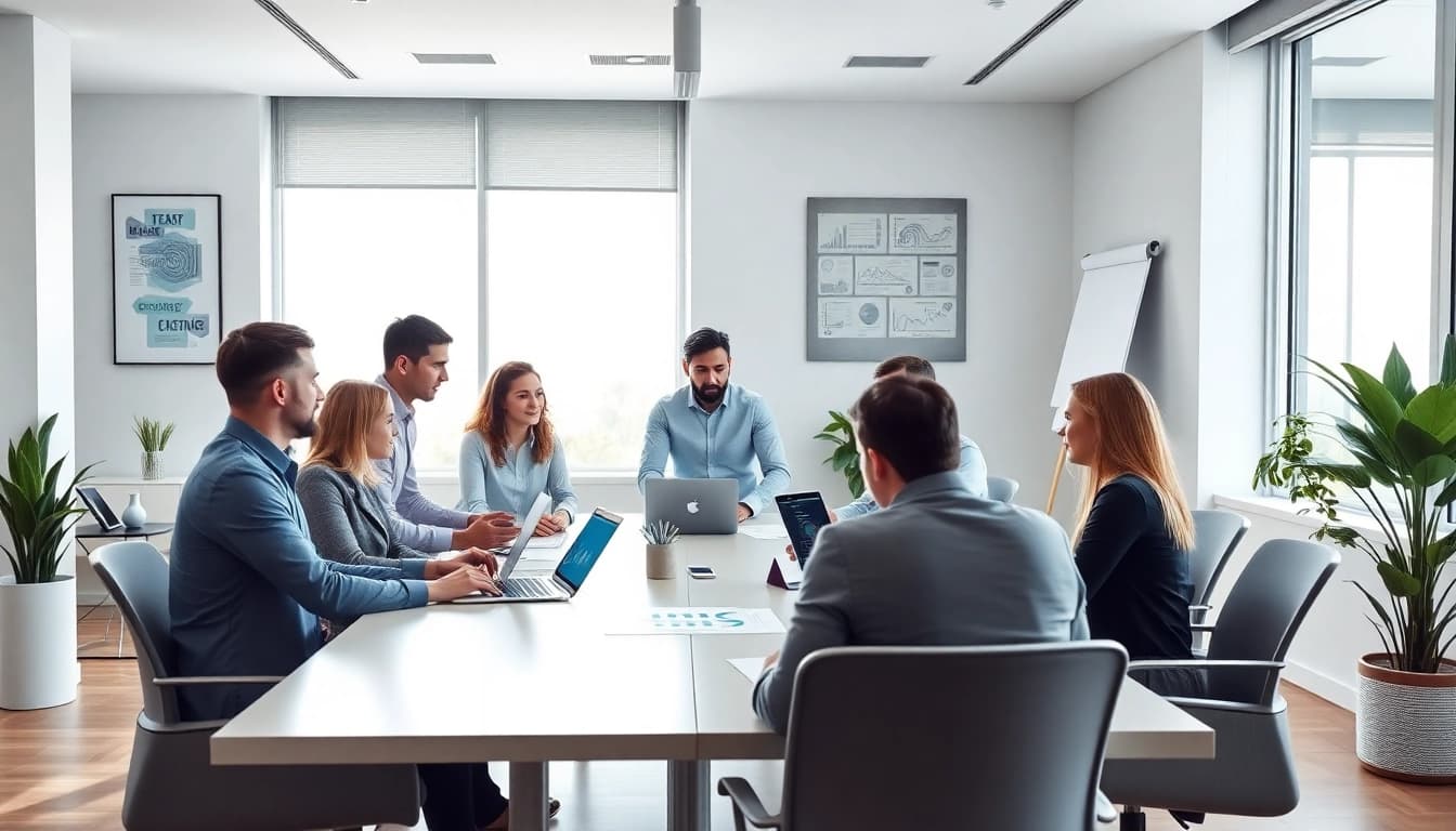 Team of managed IT providers discussing strategies in a modern office environment.