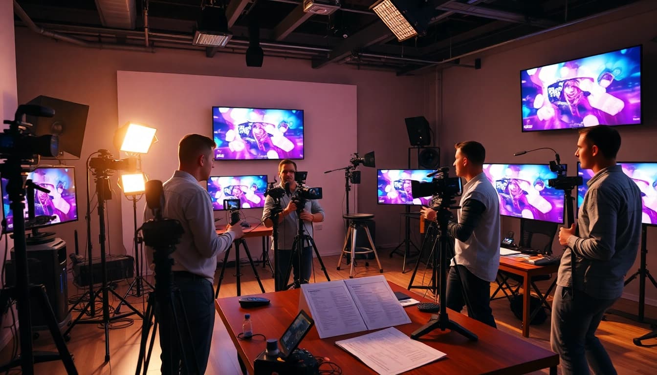 Team collaborating at video production company Phoenix to create engaging content.