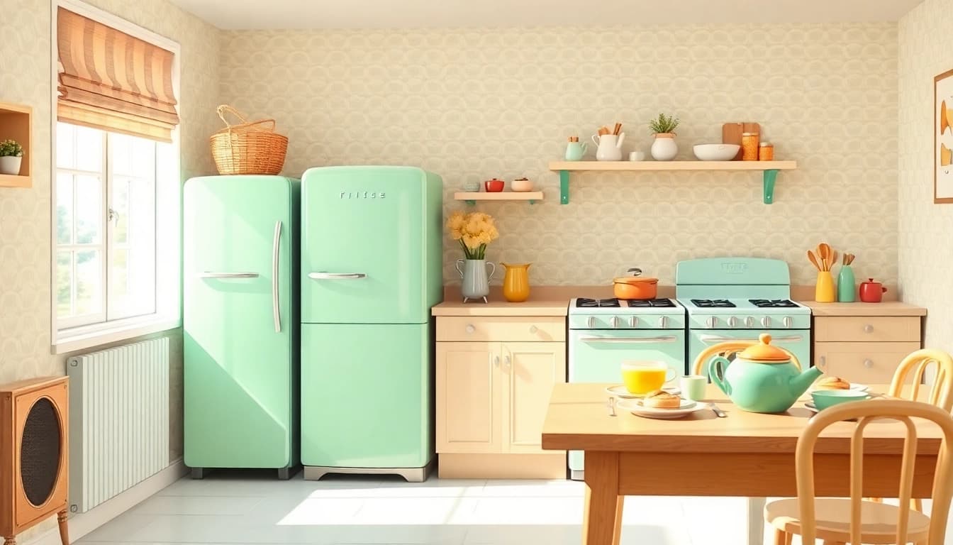Showcase retro appliances including a mint green refrigerator and oven in a vibrant kitchen.
