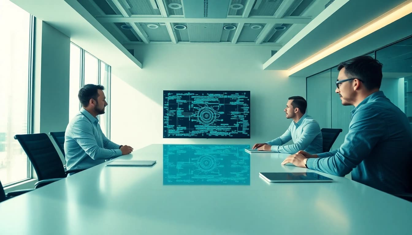 Engineers collaborating on EORMC AI blockchain technology for innovative solutions.