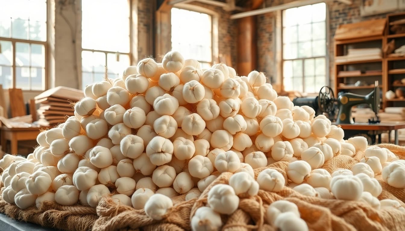 Ongebleekt katoen, prachtig uitgestald in een ambachtelijke werkplaats, met veel textuur en natuurlijke kleuren.