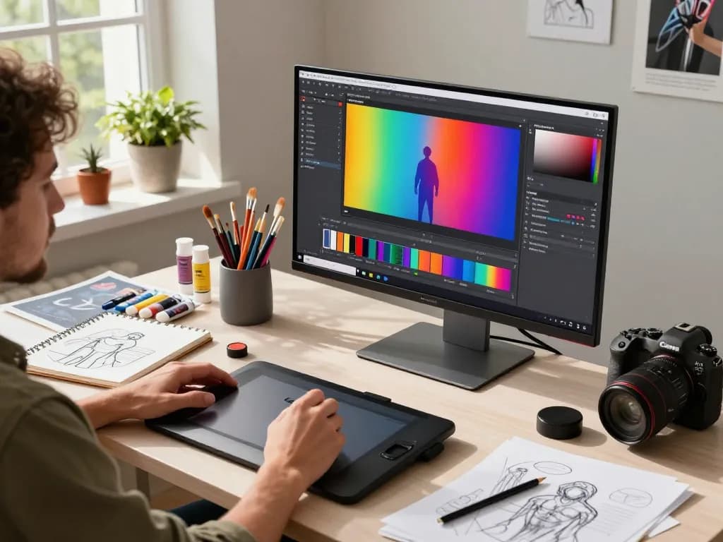 Digital artist using nano banana 2 in a bright creative workspace filled with art supplies and vibrant sketches, showcasing modern editing techniques.