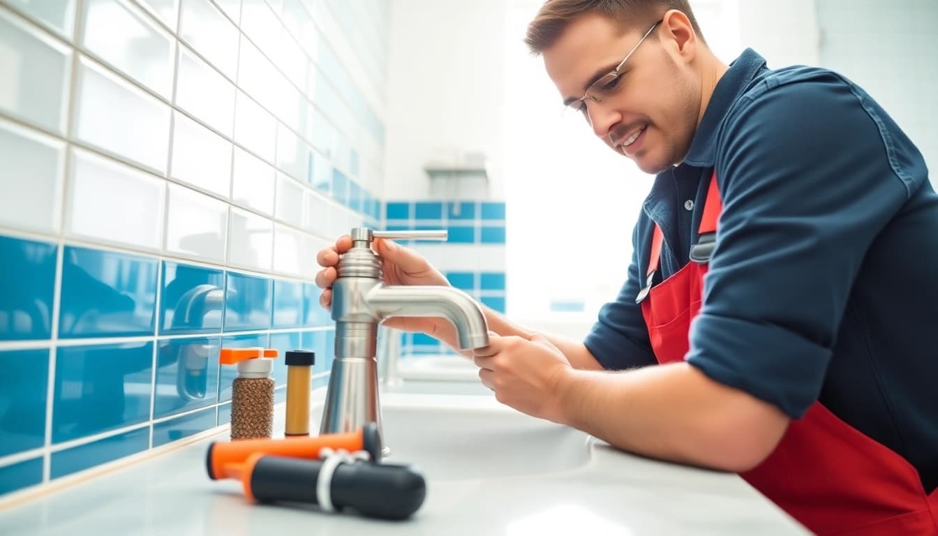 Find a reliable plumber near me fixing a faucet in a modern bathroom.