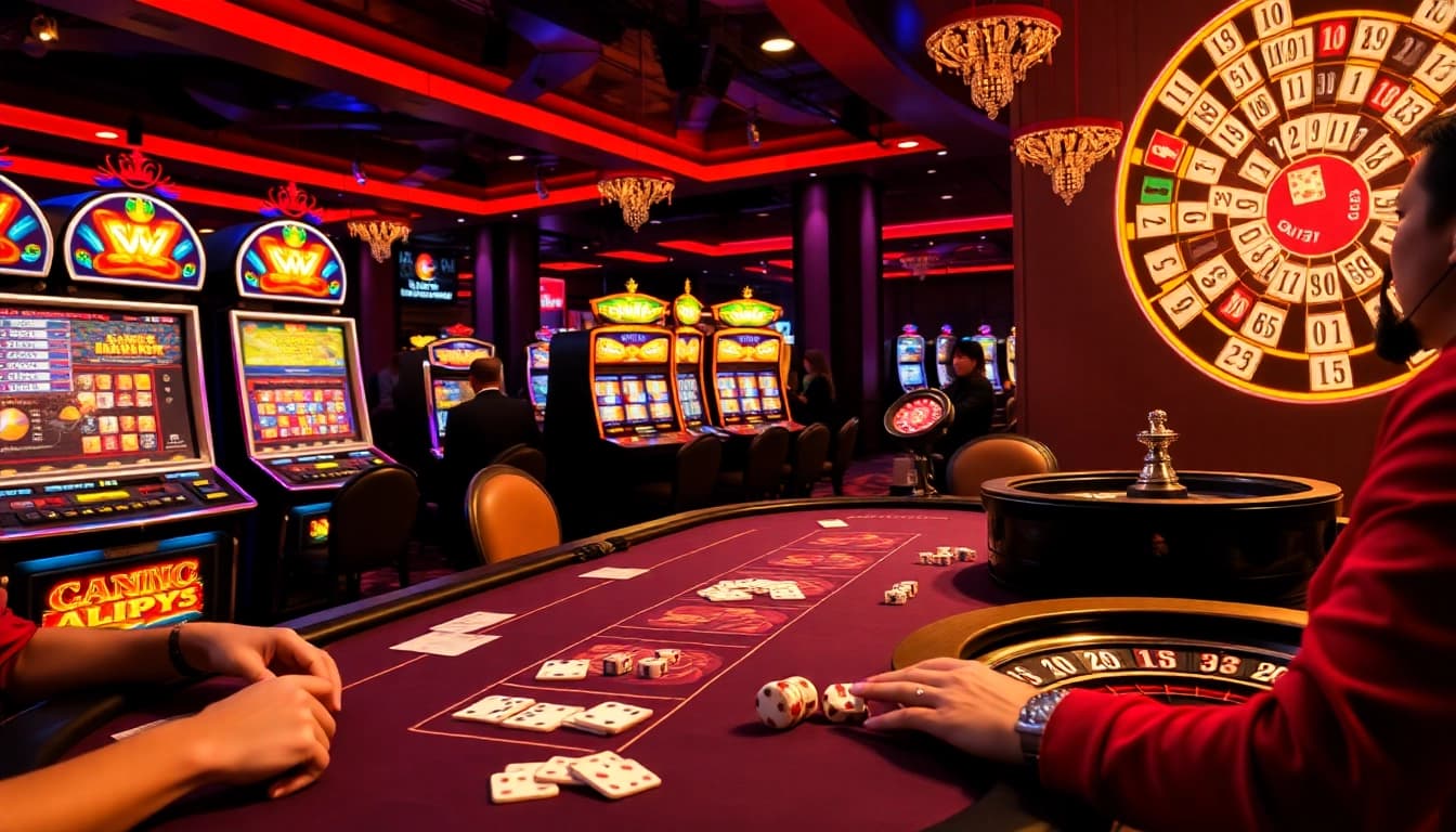 Experience link mahjong in a vibrant casino setting with players at a poker table and slot machines in action.