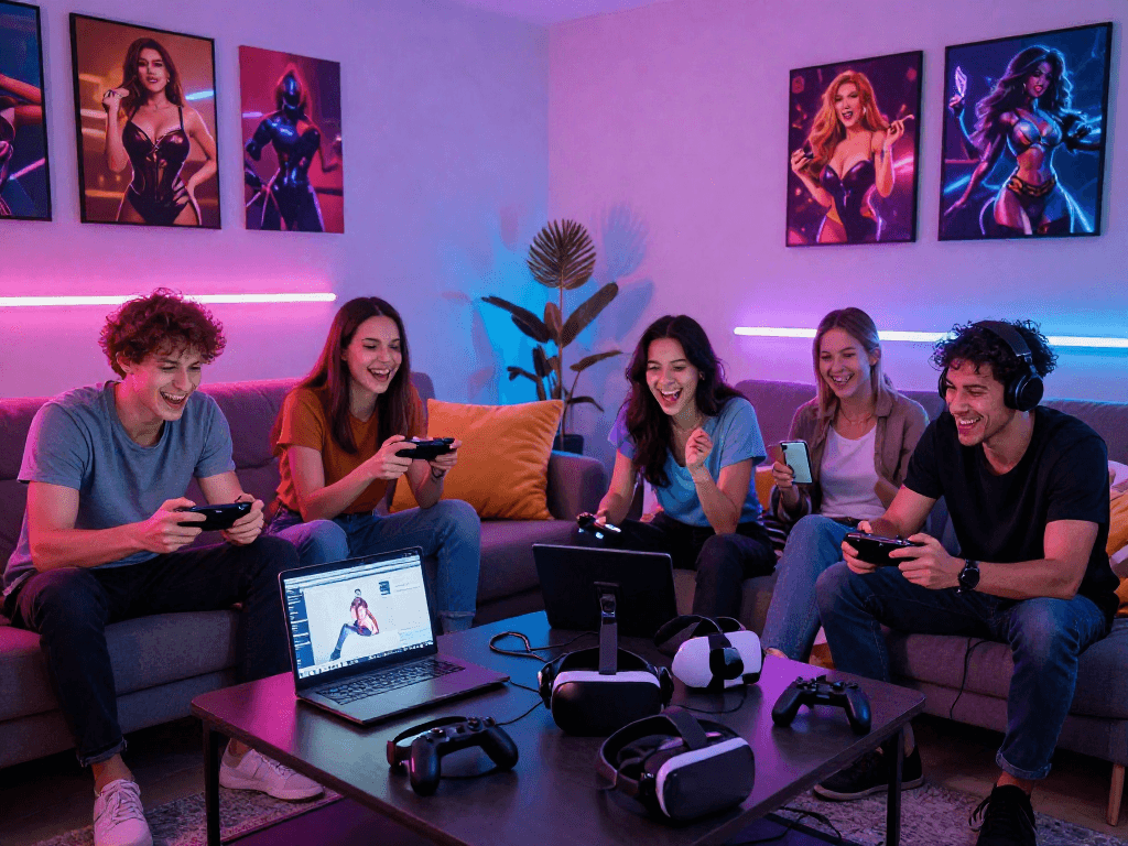Friends enjoying an interactive sex game session together in a lively living room.