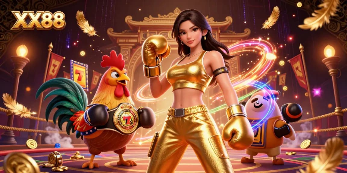 Engage in thrilling gaming at XX88 with a vibrant scene depicting a champion woman and boxing rooster.