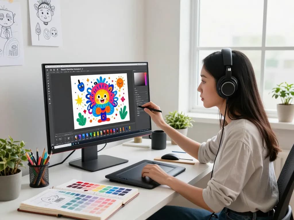Creative digital artist using nano banana 2 AI image editing software in a bright modern studio.