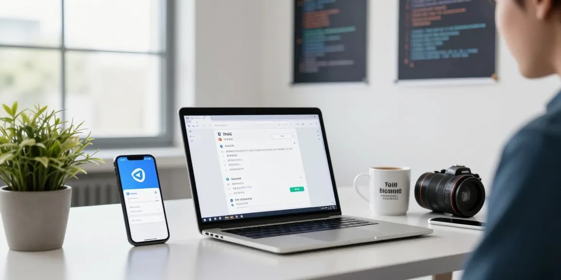 Explore telegram中文版 interface on a modern desk with tech tools, vibrant atmosphere.