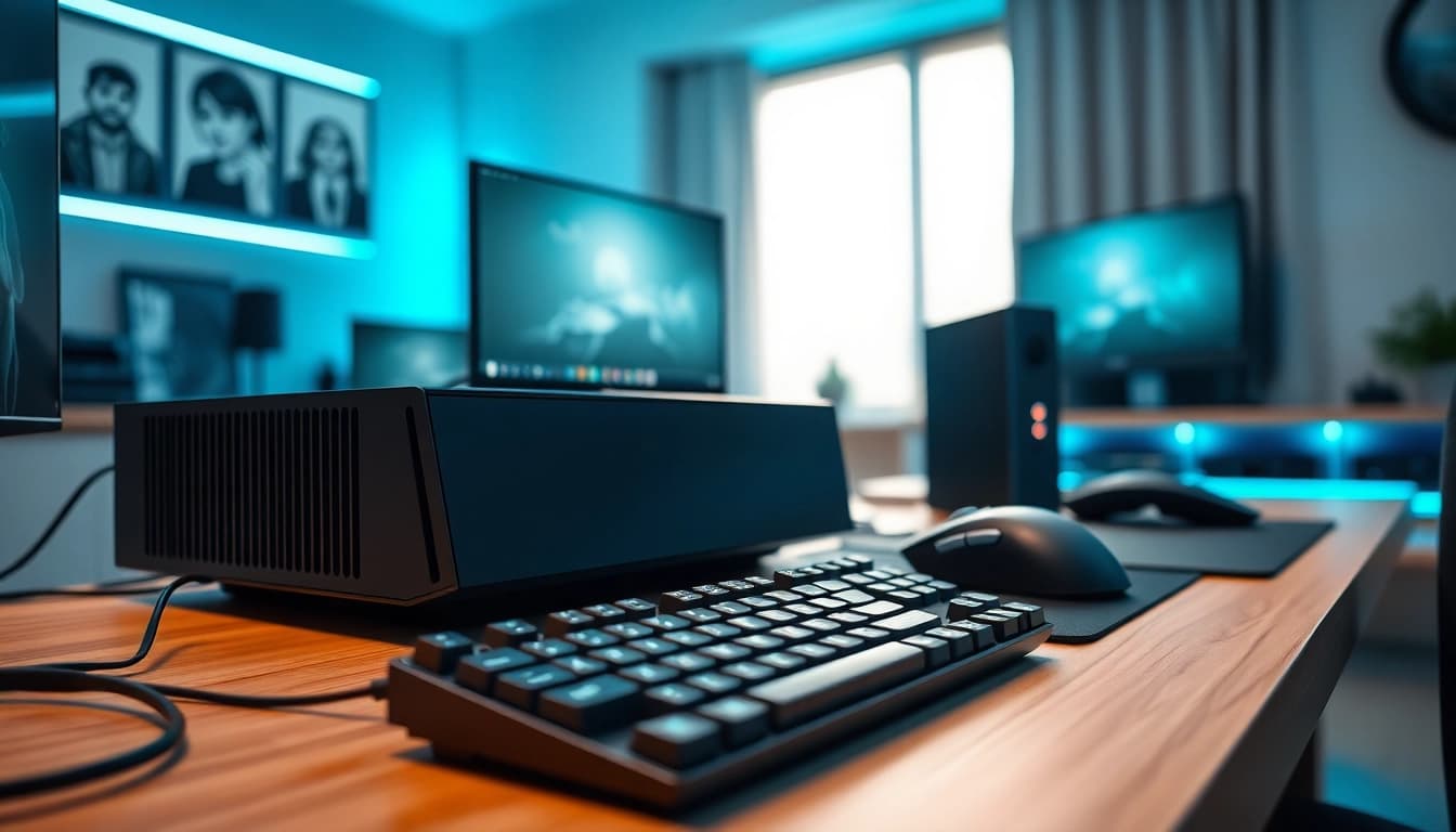 Engaging gaming scene with the RR88 console on a modern desk, showcasing sleek accessories and ambient lighting.