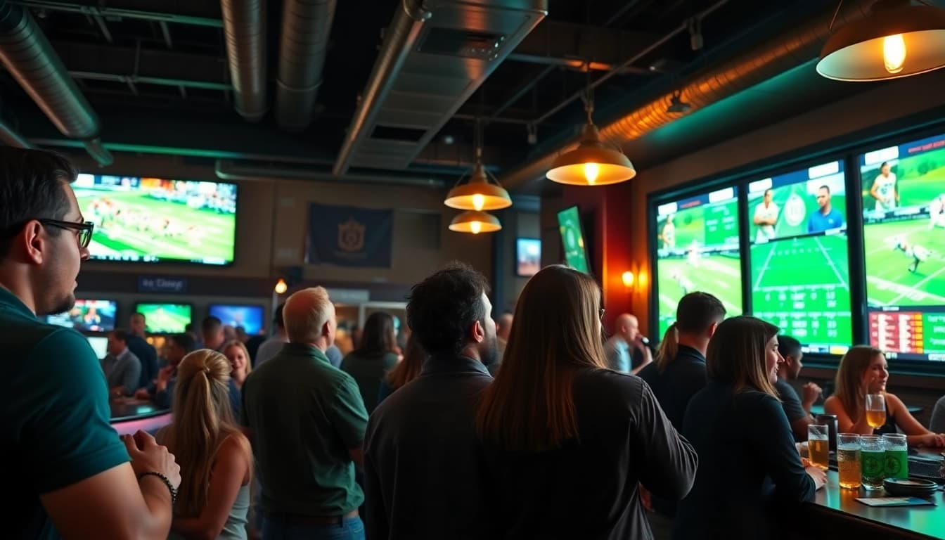 Engaged bettors enjoying South Carolina sports betting in a lively sports bar atmosphere.